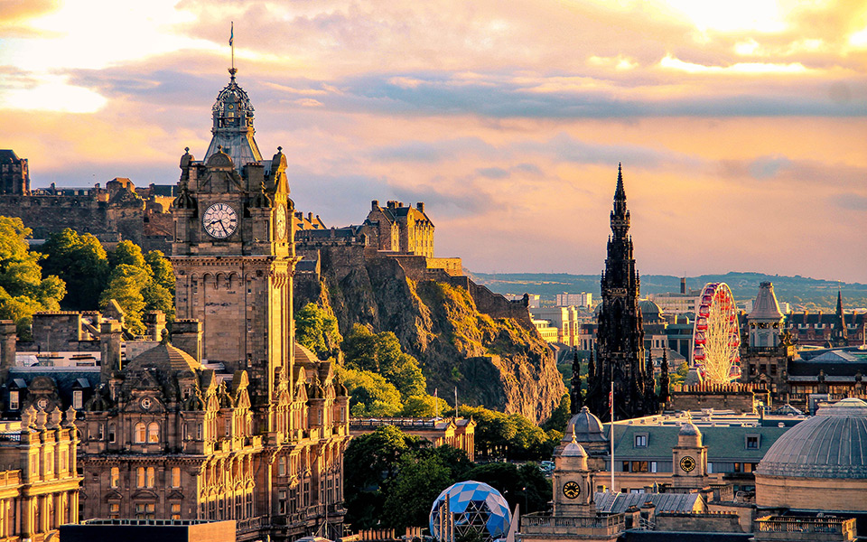 Balmoral hotel, Scott monument and edinburgh castle all in one picture, Edinburgh city skyline. 