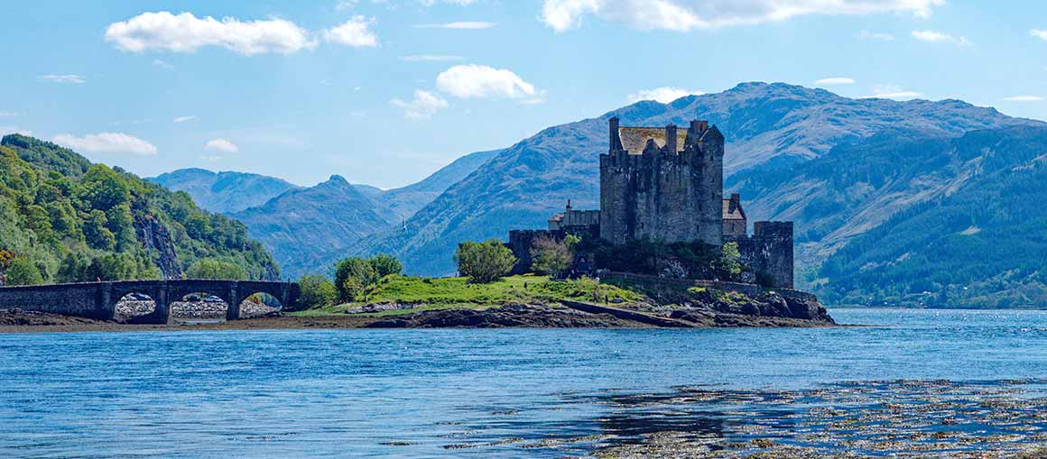 Overlooking Eilean Donan Castle by water. 