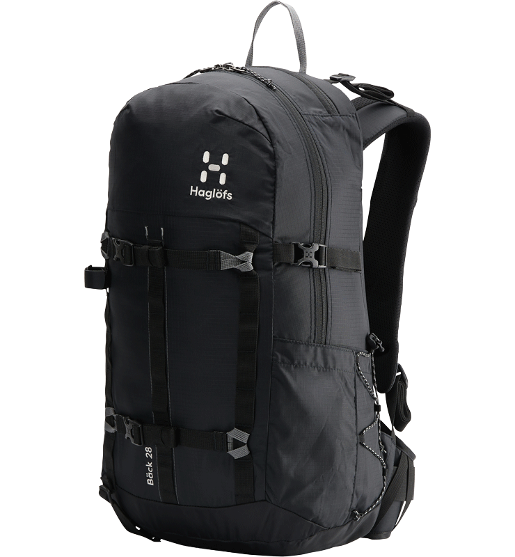 Front and side profile of a black hiking daypack 