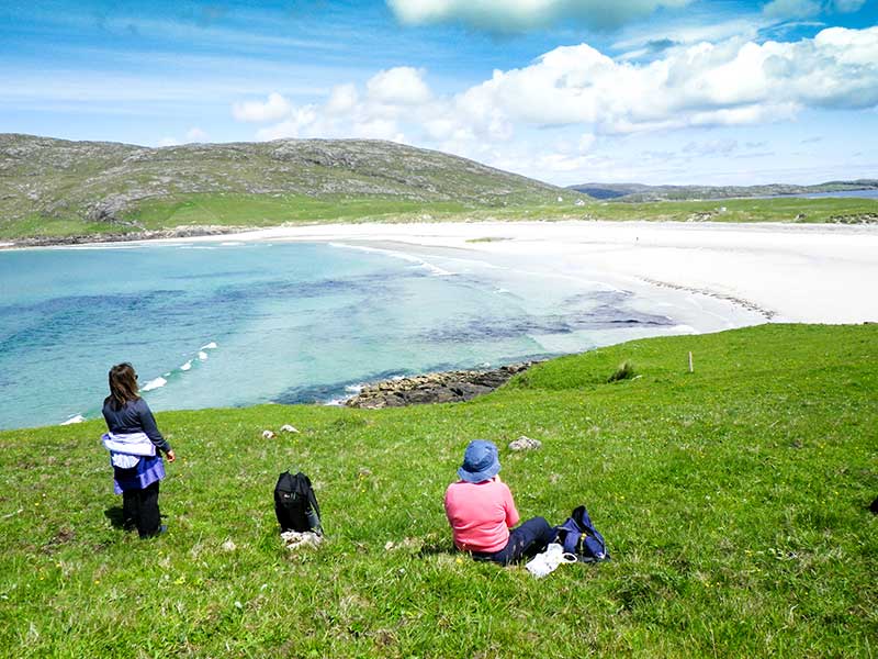 Hikers enjoying a view over a bright blue beach, relaxing in green grass.