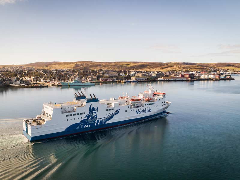 NorthLink ferry arriving in Lerwick Harbour at dawn after the overnight sailing from Aberdeen.