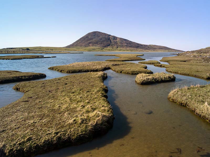 A landscape shot of marshy water with a hill looming in the background