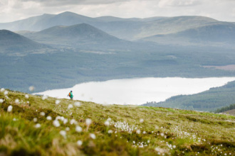 Bog cotton carpets the moor as a walker makes their way through the scenery on our UK national parks walking tour.